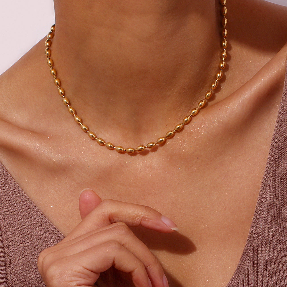 Collana con Perline Ovali Minimalista da Donna con Catena in Acciaio Inossidabile e Placcatura in Oro 18K