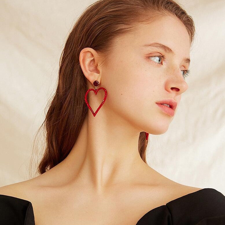 Elegant Red Hollow Heart Rhinestone Inlaid Alloy Earrings for Daily Wear