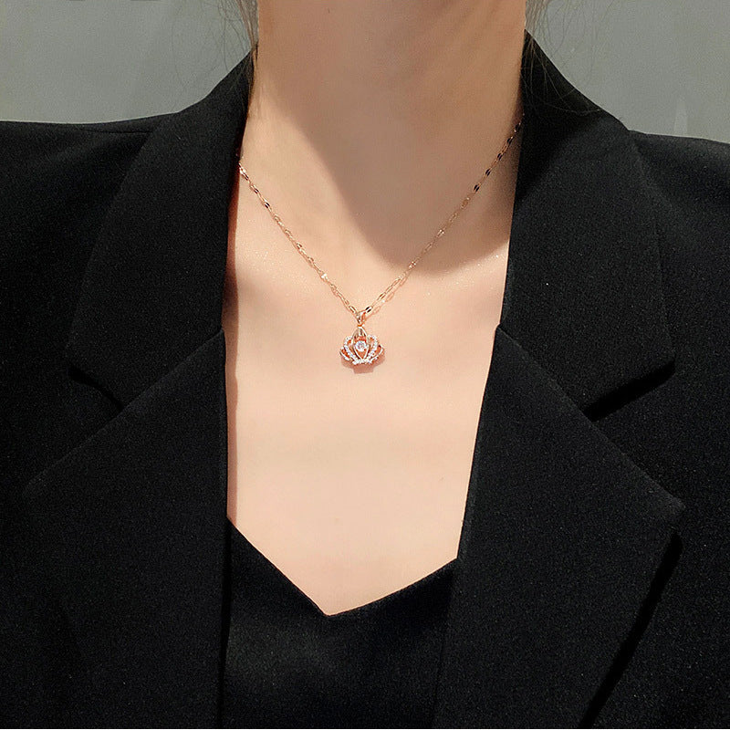 Elegant Crown-Shaped Pulsating Heart Pendant Necklace for Women in Titanium Steel with Plated Finish, Minimalist Locket Chain Design