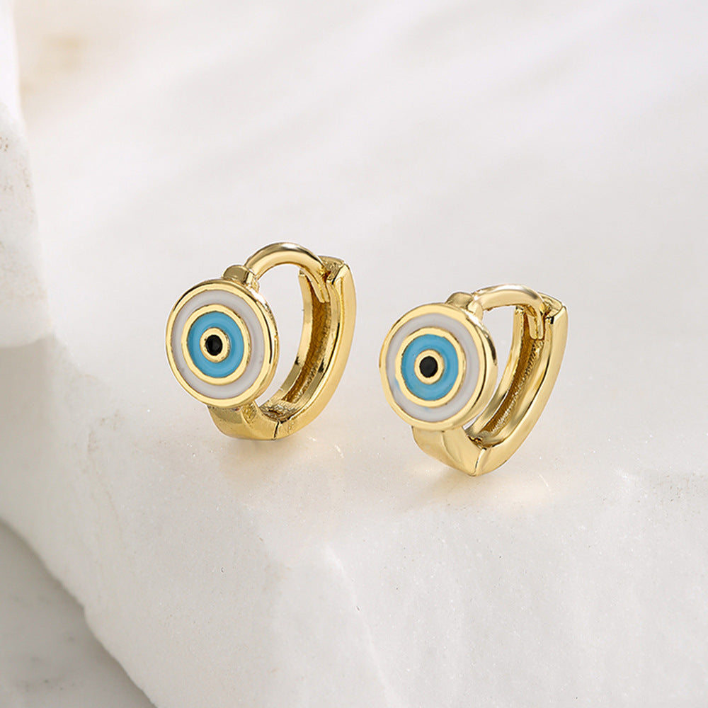 Orecchini a Cerchio Minimalisti Geometrici in Rame con Placcatura in Oro 18K e Dettaglio Occhio Smaltato da Donna