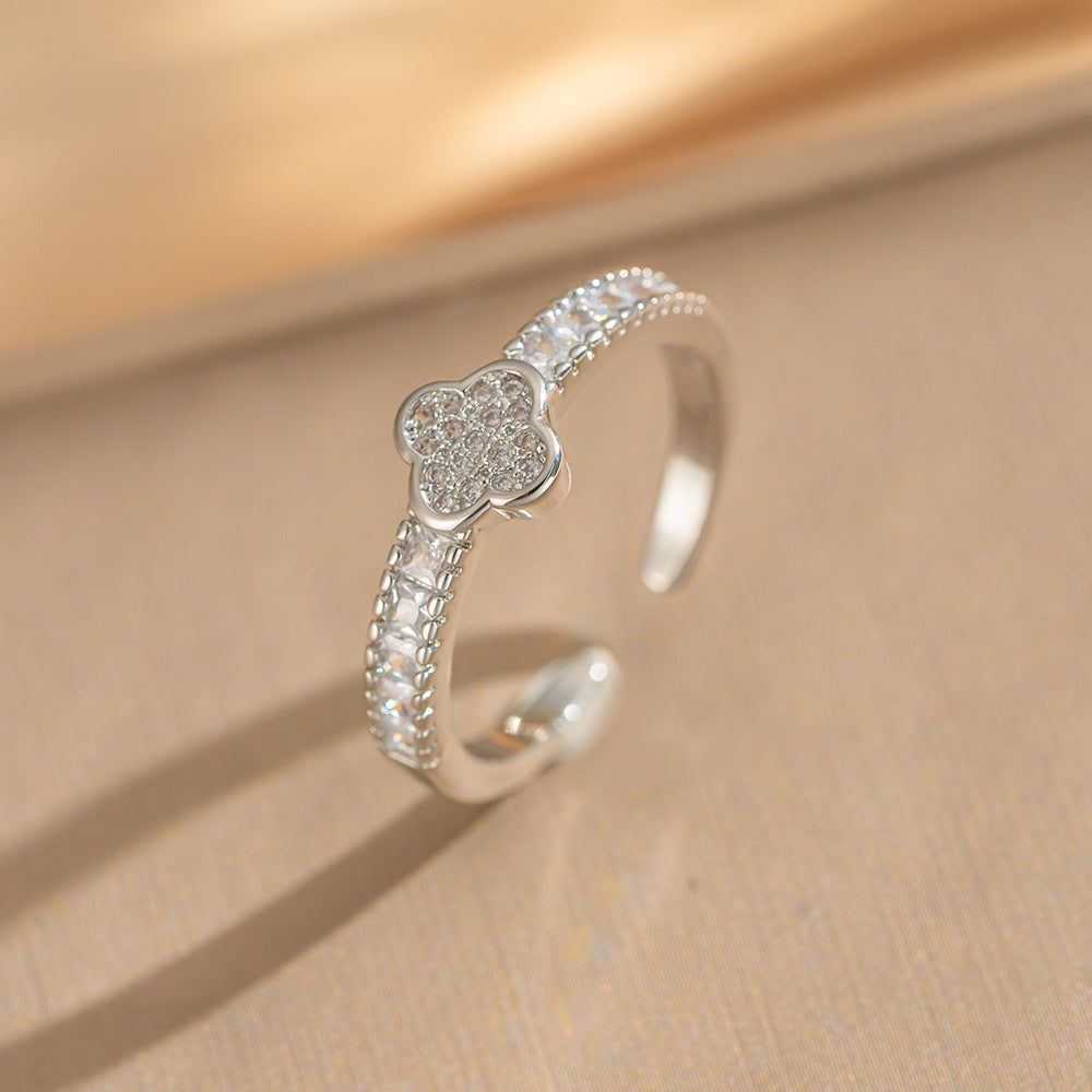 Luxury Minimalist Adjustable Open Ring for Women with Gold-Plated Copper Band and Zircon Stone Accent in Heart and Floral Shape