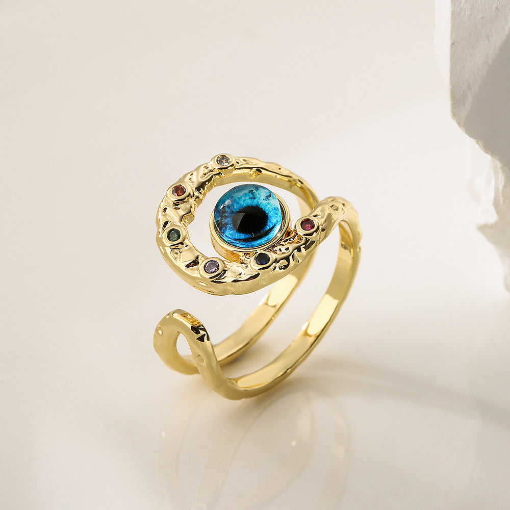 Bohemian Evil Eye Open Ring for Women in Copper with Micro-Pave Setting Geometric Design