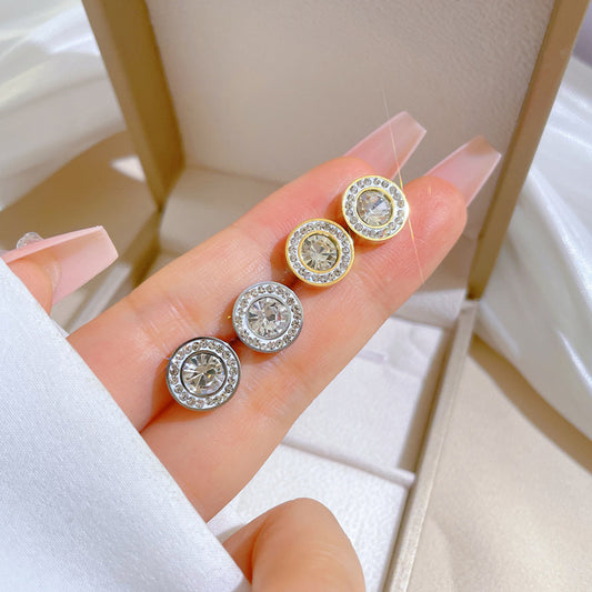 Minimalist Titanium Steel Geometric Rhinestone Stud Earrings for Women