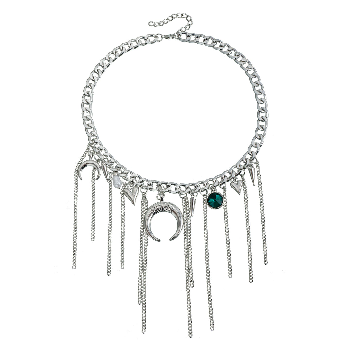 Fashionable Moon-Shaped Rhinestone Heart Pendant Necklace with Tassels in Alloy with Plating Finish for Women