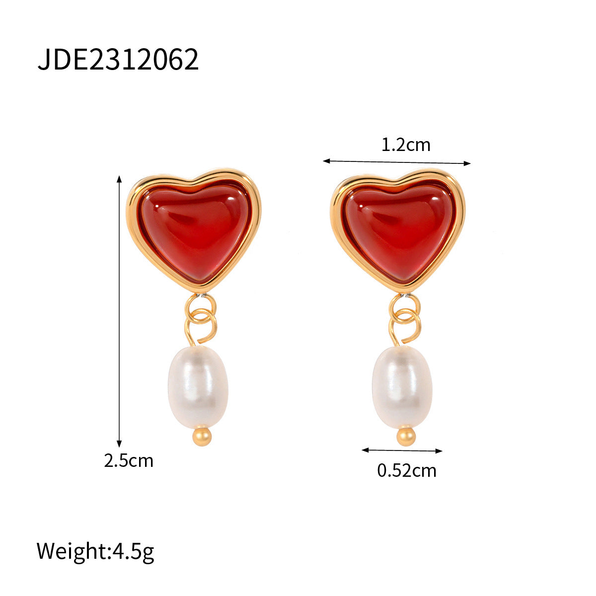 Elegant 18K Gold Plated Stainless Steel Heart Pearl Stud Earrings