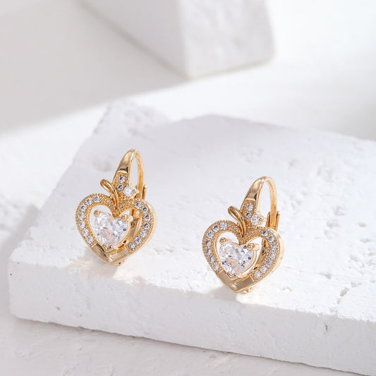 Minimalist Geometric Heart and Star Stud Earrings in Copper with S925 Silver Posts and Cubic Zirconia Inlay