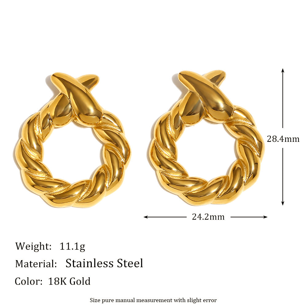 Fashionable Minimalist Geometric Stainless Steel Ear Studs with 18K Gold Plating and Twisted Circular X-Shaped Design