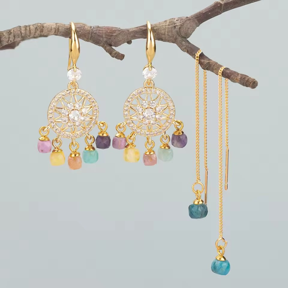 Vintage 18K Gold Plated Stainless Steel Geometric Pendant with Cubic Zirconia and Natural Stone Charm Bar for Women