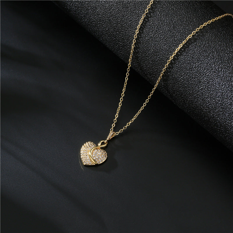 18K Gold Plated Heart Geometric Brass Necklace with Cubic Zirconia Inlay for Women