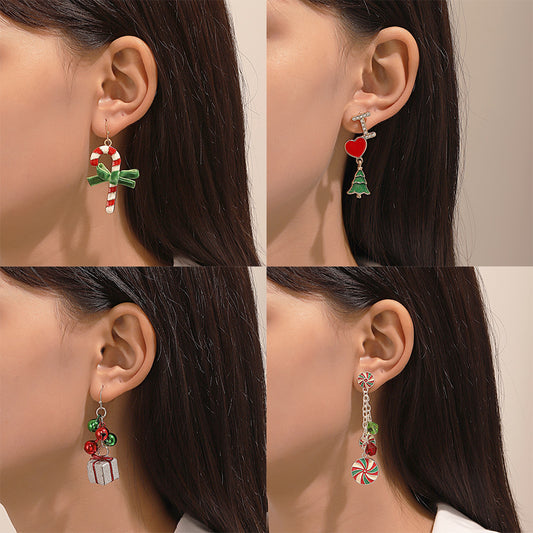 Creative Christmas-Themed Earrings for Women with Candy Cane and Bell Charms Alloy Studs with Electroplated Finish