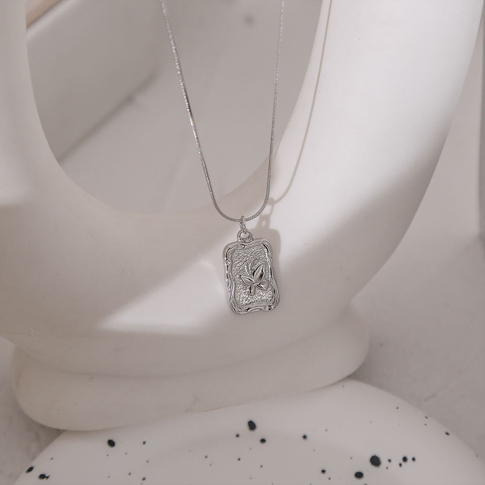 Vintage Floral Butterfly Pendant Necklace in Titanium Steel with Gold Plating for Women Snake Chain Delicate Clavicle Jewelry