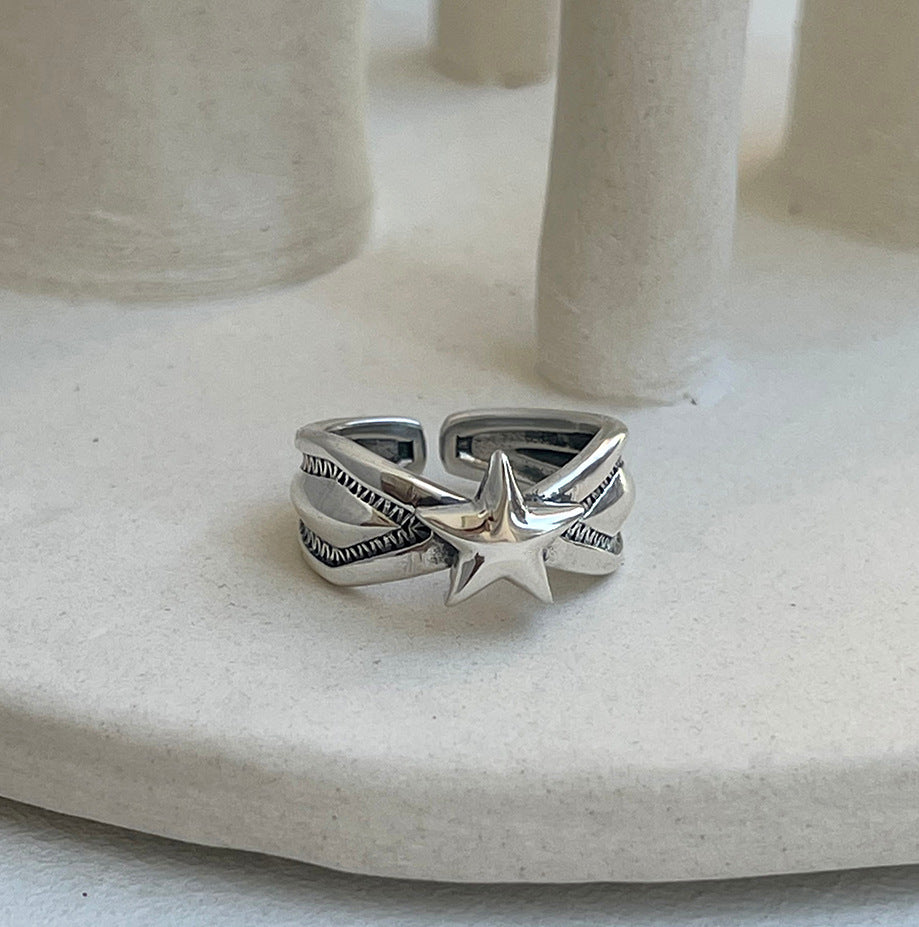 Anello da Donna Vintage Minimalista a Stella in Argento Sterling 925 con Fascia Aperta