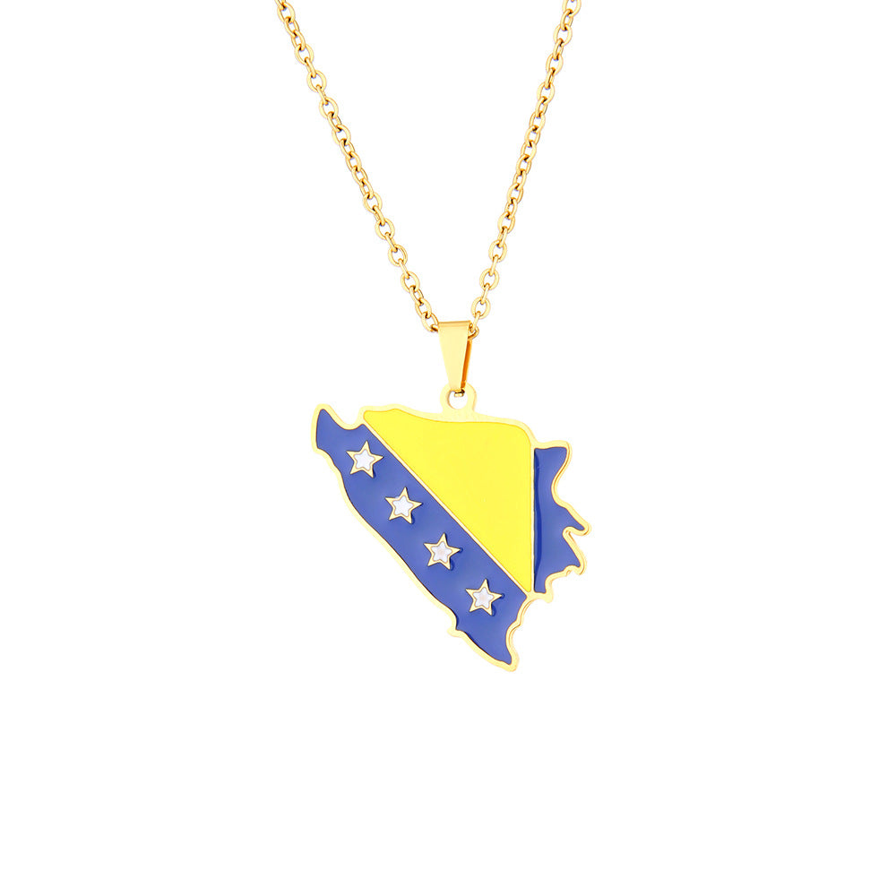 Collar con colgante de mapa geométrico de estilo étnico de Bosnia y Herzegovina en acero inoxidable con dije de acero de titanio, cadena en O galvanizada, unisex