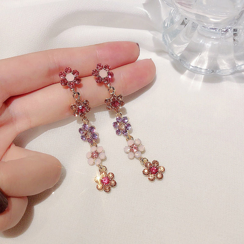Eleganti Orecchini Pendenti Floreali con Perle e Strass in Argento 925, Stile Lusso Artigianale da Donna