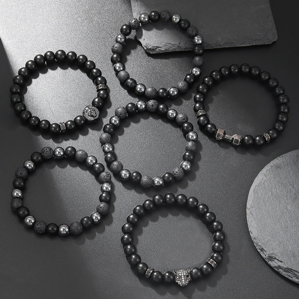 Matte Black Geometric Leopard Head Bracelet with Micro-set Cubic Zirconia and Round Spacers