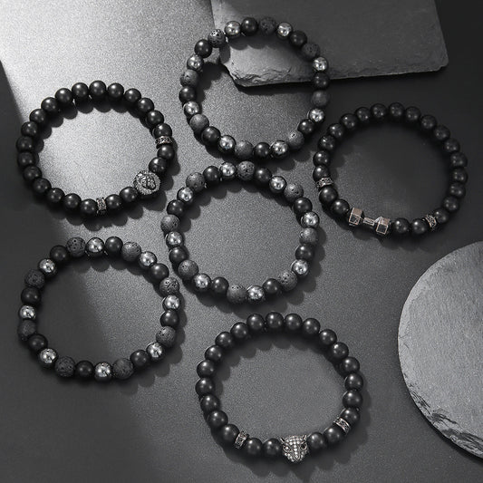 Matte Black Geometric Leopard Head Bracelet with Micro-set Cubic Zirconia and Round Spacers
