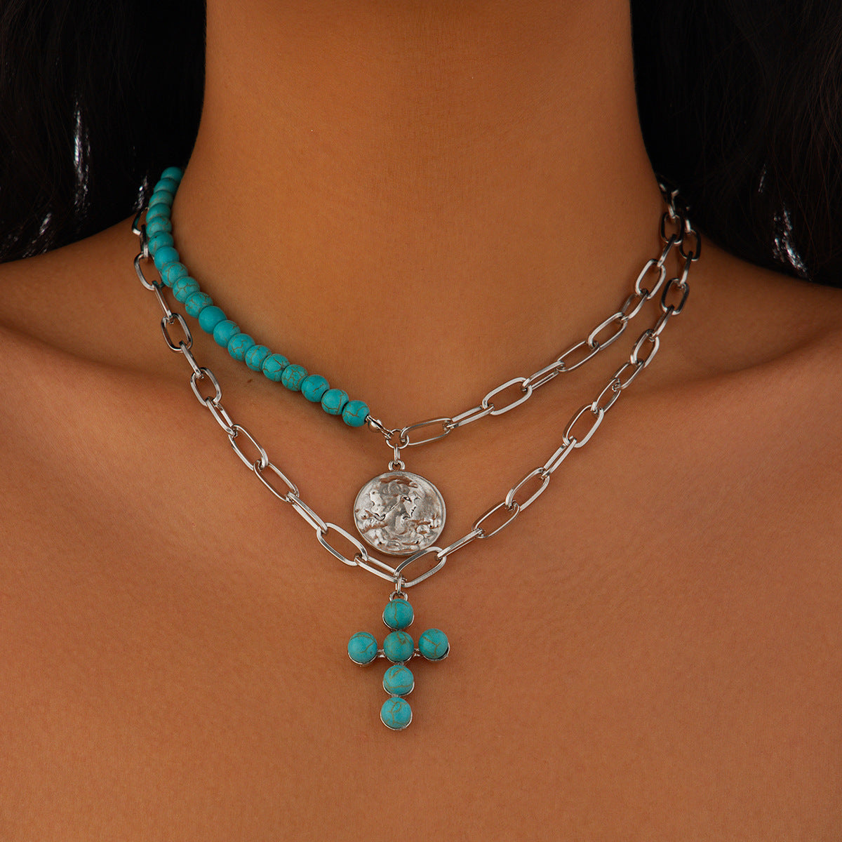 Elegant Gold Plated Geometric Star Pendant Alloy Necklace Set with Faux Turquoise Inlay for Women