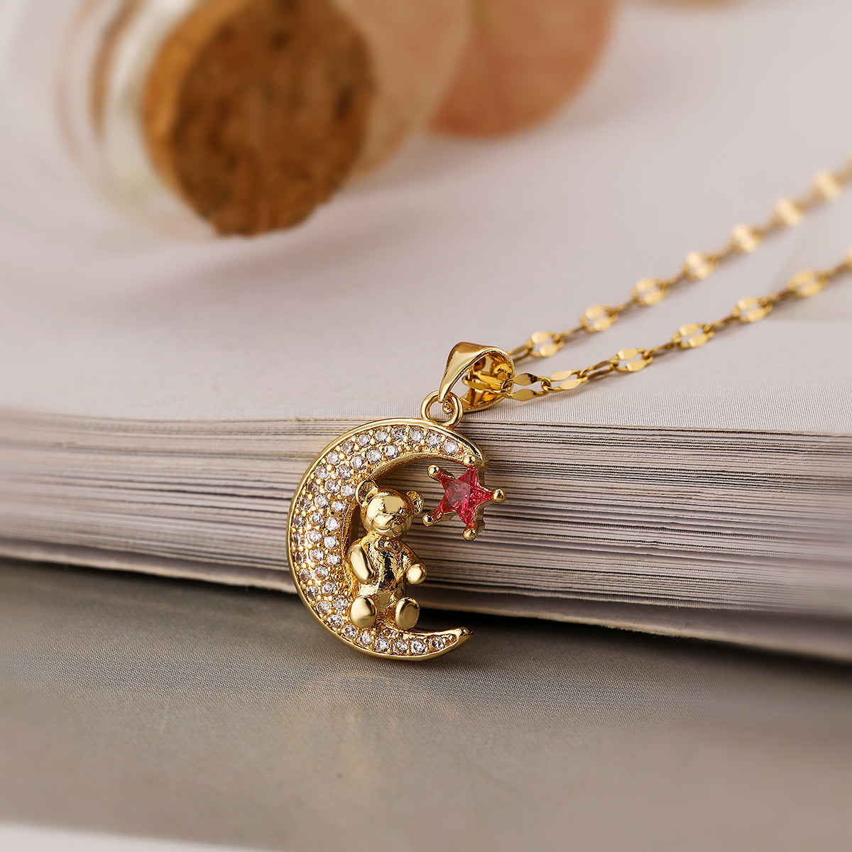 Cute Moon Bear Pendant Necklace in Copper with Real Gold Plating and Zircon Inlay for Women