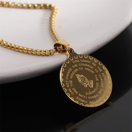 18K Gold Plated Geometric Round Stainless Steel Pendant Necklace with Curb Chain for Unisex
