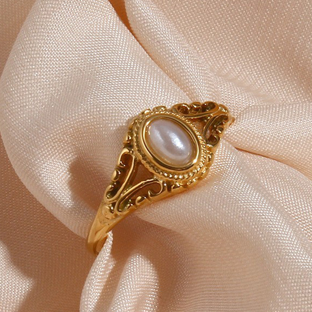 Anello da donna in acciaio inossidabile placcato con perla, motivo floreale geometrico, stile minimalista ed elegante
