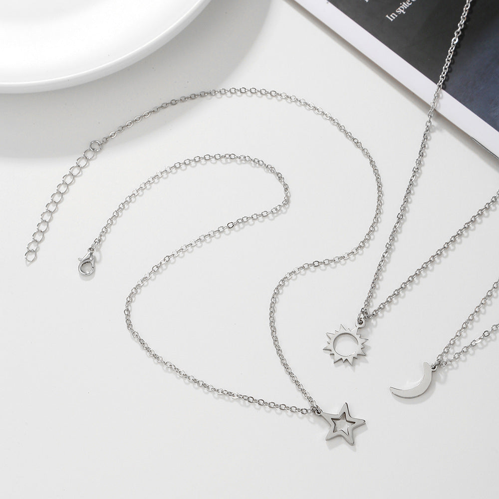 Creative Sun Moon Star Stainless Steel Cable Chain Necklace Set for Unisex