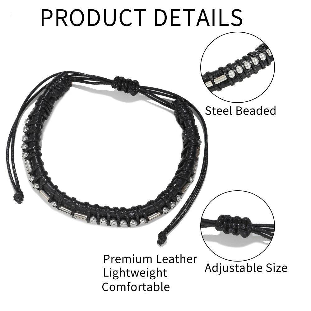 Morse Code Letter Number Stainless Steel Leather Bracelet Unisex