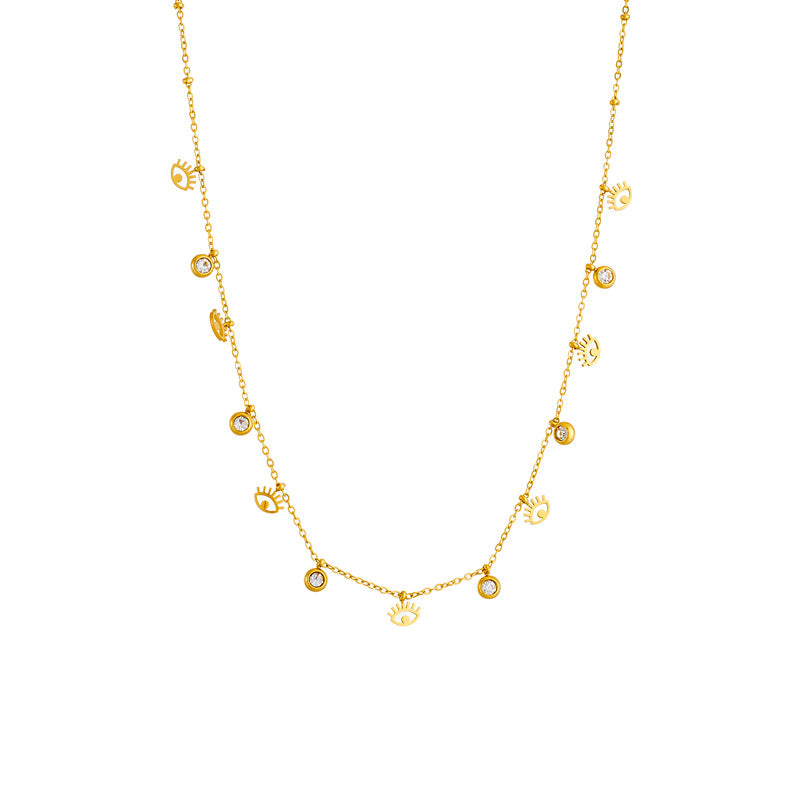Collana Minimalista con Ciondolo Occhio Vuoto Piccolo in Acciaio al Titanio con Intarsio di Strass e Finitura Placcata