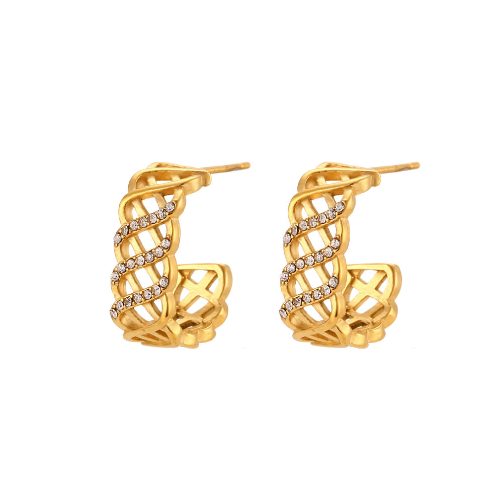 Minimalist Luxe Geometric Stainless Steel C-Shaped Hollow Mesh Hoop Earrings for Women
