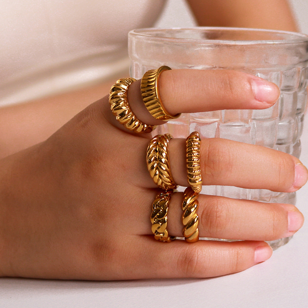 Vintage INS Style Geometric Textured Woven Stainless Steel Ring with 18K Gold Plating for Women and Men