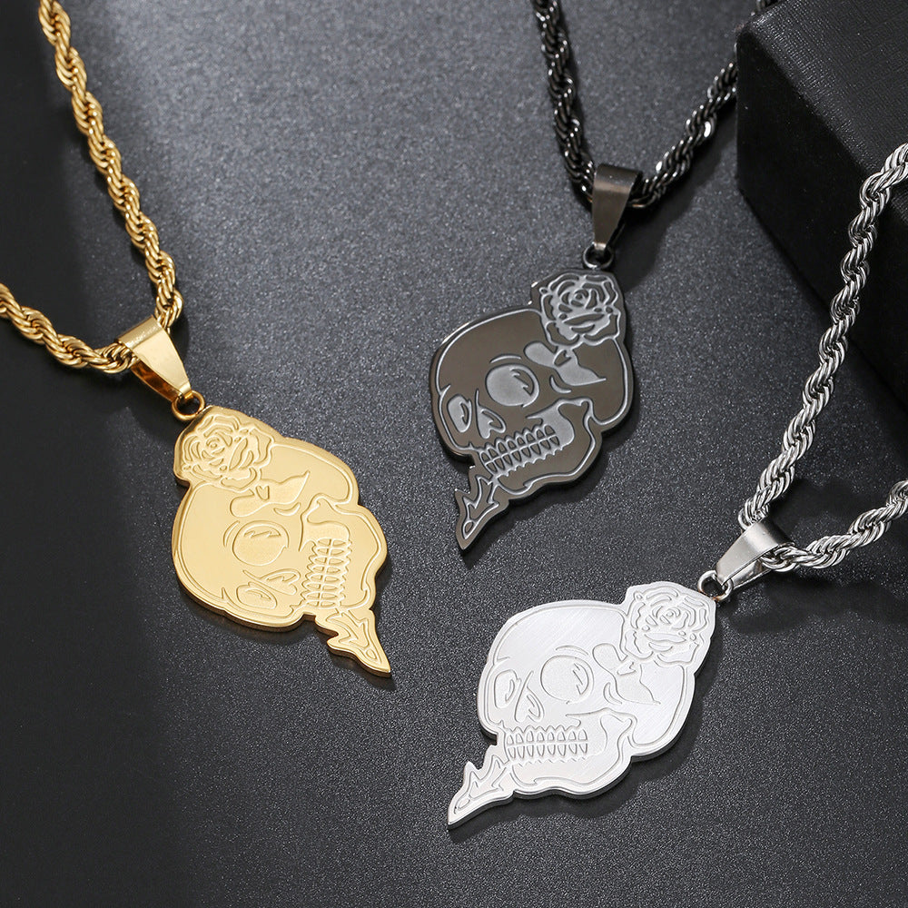 Punk Gothic Geometric Round Skull Rose Pendant Necklace Titanium Steel Rope Chain for Men and Women