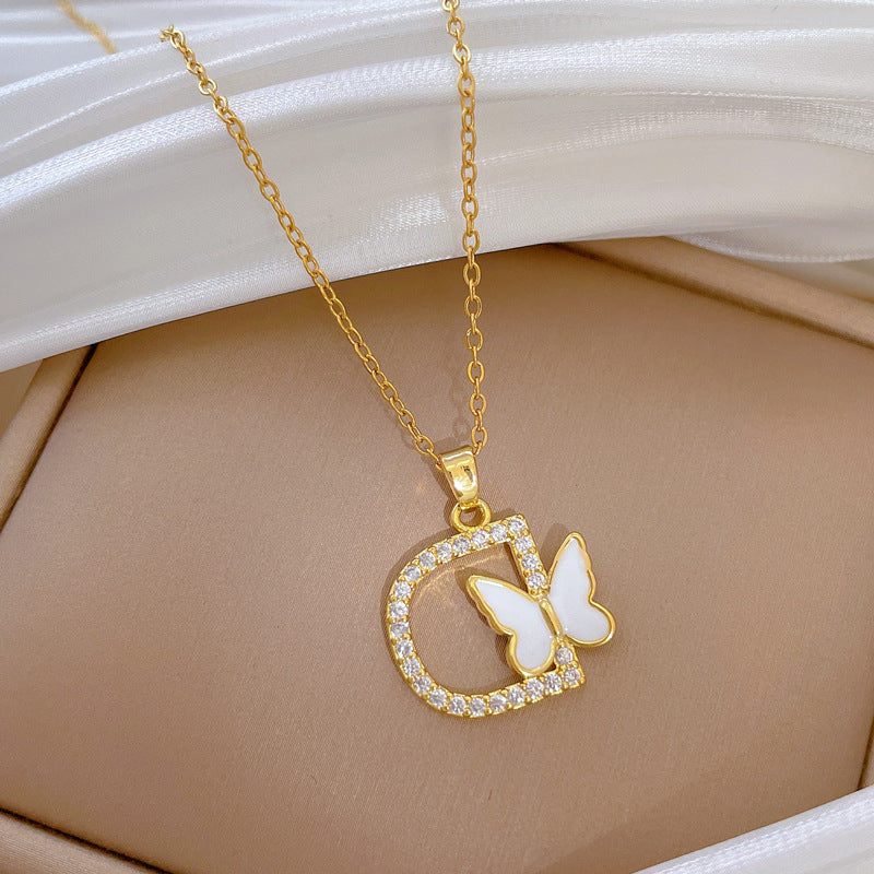 Sweet Minimalist Butterfly Geometric Rhinestone Pendant Titanium Steel Necklace for Women and Men