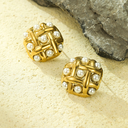 Vintage Minimalist Pearl-Embellished Woven Square Stainless Steel Stud Earrings for Women