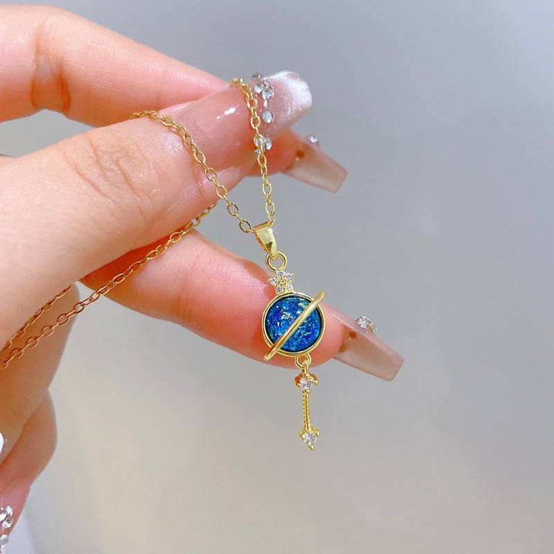 Sweet Minimalist Geometric Moon Star Rhinestone Titanium Steel Necklace for Unisex