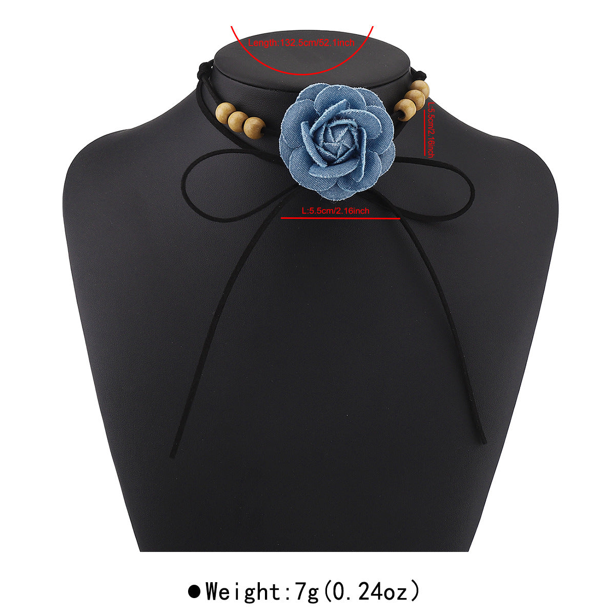Elegante Collana Girocollo Floreale in Denim Blu da Donna con Fiocco in Velluto e Perle in Legno