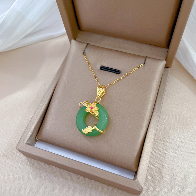 Collana a pendente geometrico floreale in acciaio al titanio con intarsio di strass per donna, collana con catena a maglie regolabile