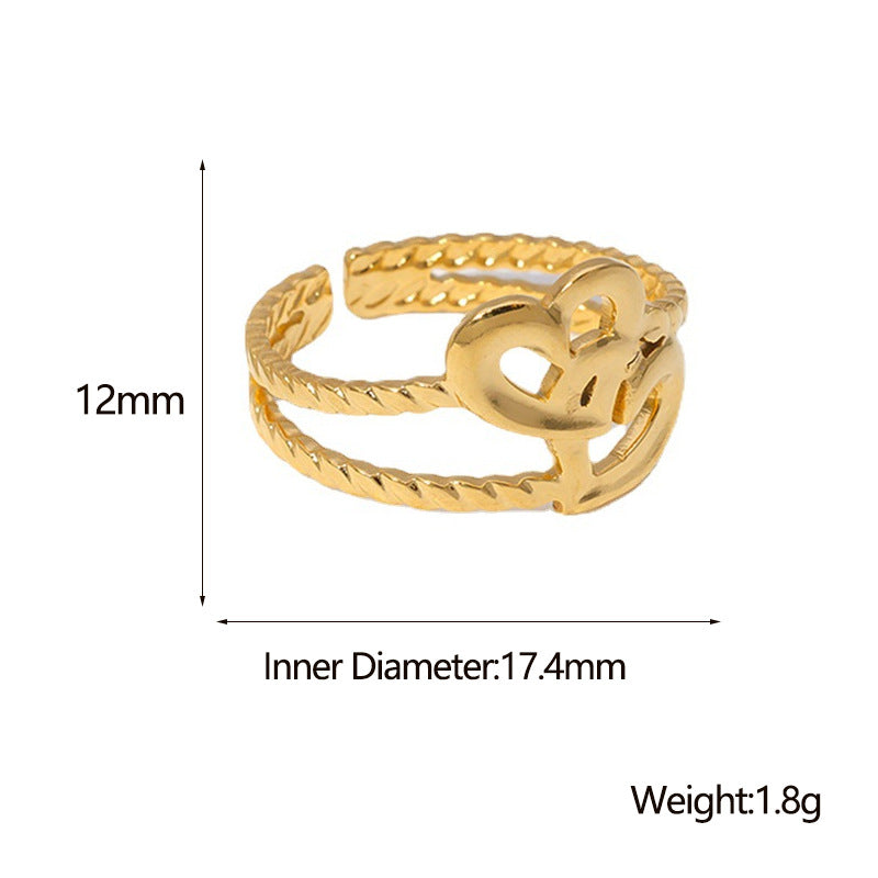 Anello Aperto Regolabile Minimalista e Carino in Acciaio Inossidabile Placcato Oro 18K a Forma di Croce e Cuore da Donna