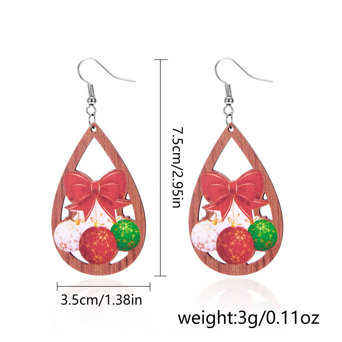 Orecchini natalizi pendenti vintage esotici in legno a forma di goccia con motivi di fiocchi di neve, alberi di Natale e Babbo Natale stampati
