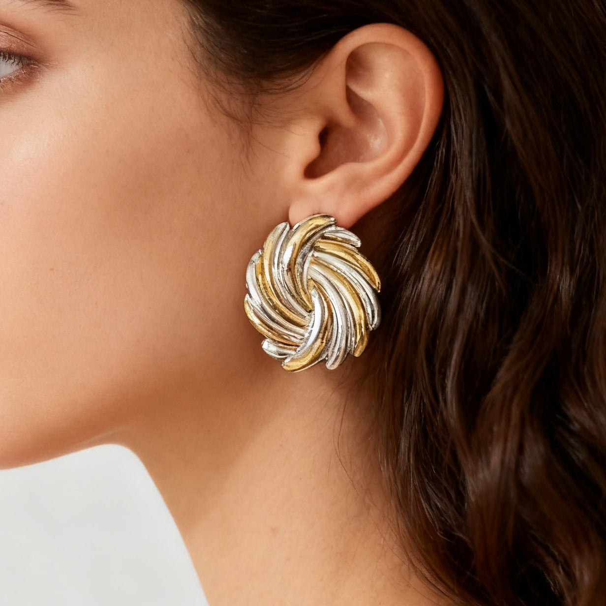 Vintage Luxury Geometric Round Two-Tone Plated Stainless Steel Earrings