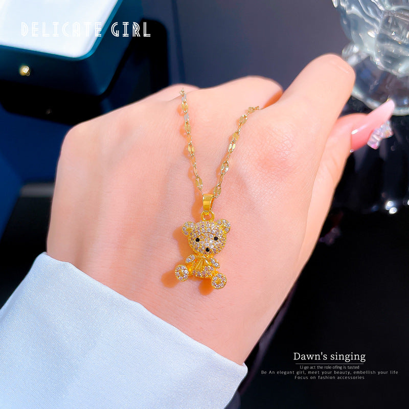 Elegant Titanium Steel Micro-Paved Bear Pendant Necklace for Women Geometric Locket Chain Delicate Clavicle Jewelry