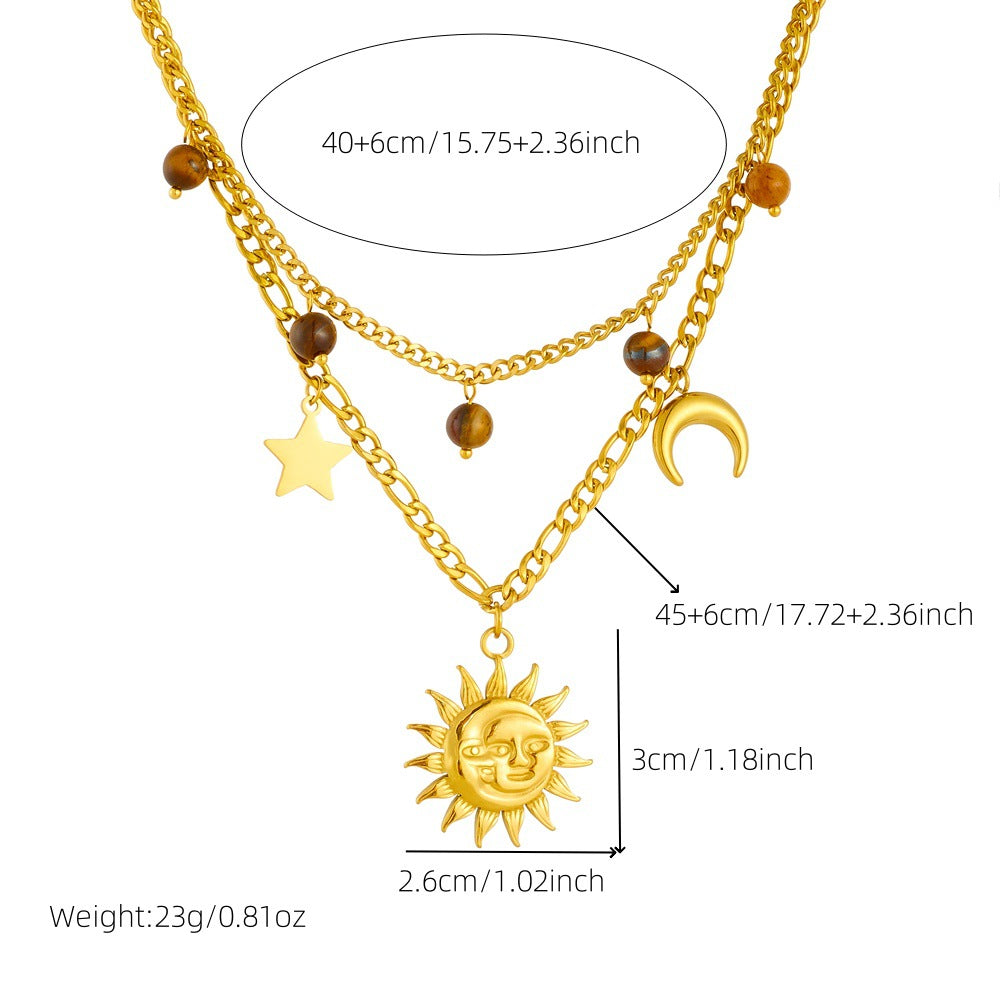 Vintage Gold Plated Stainless Steel Star Moon Face Pendant Necklace with Tiger's Eye Serpentine Chain