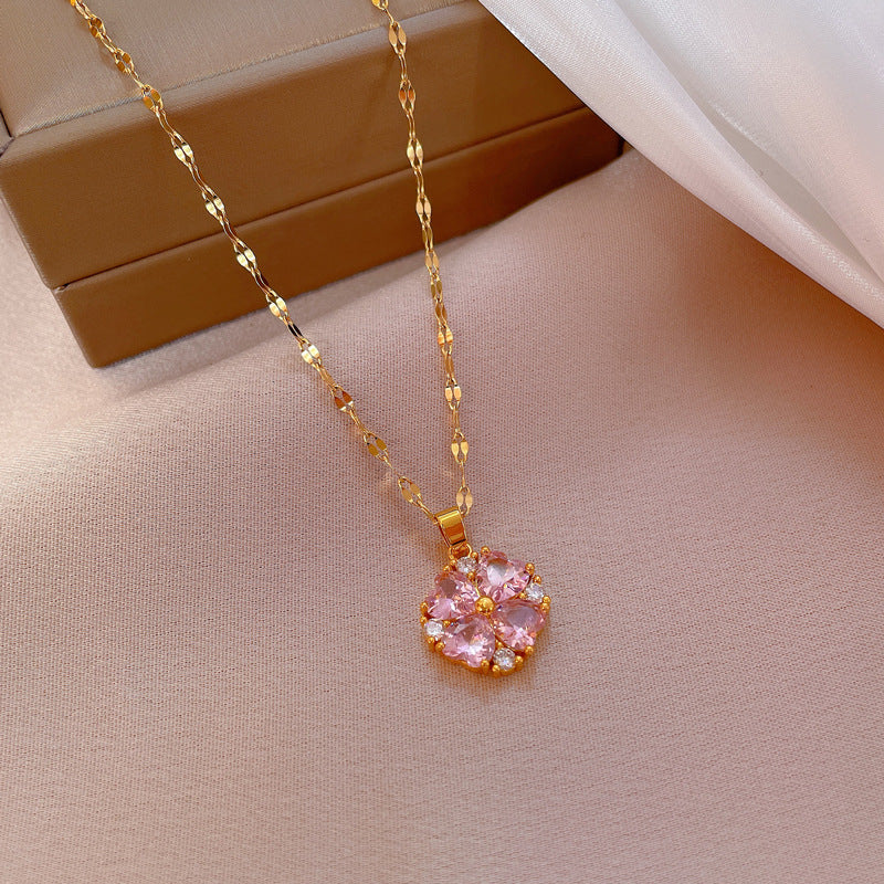 Elegant Titanium Steel Micro-Paved Rhinestone Necklace for Women Geometric Style Clavicle Chain with Star and Chain Motifs