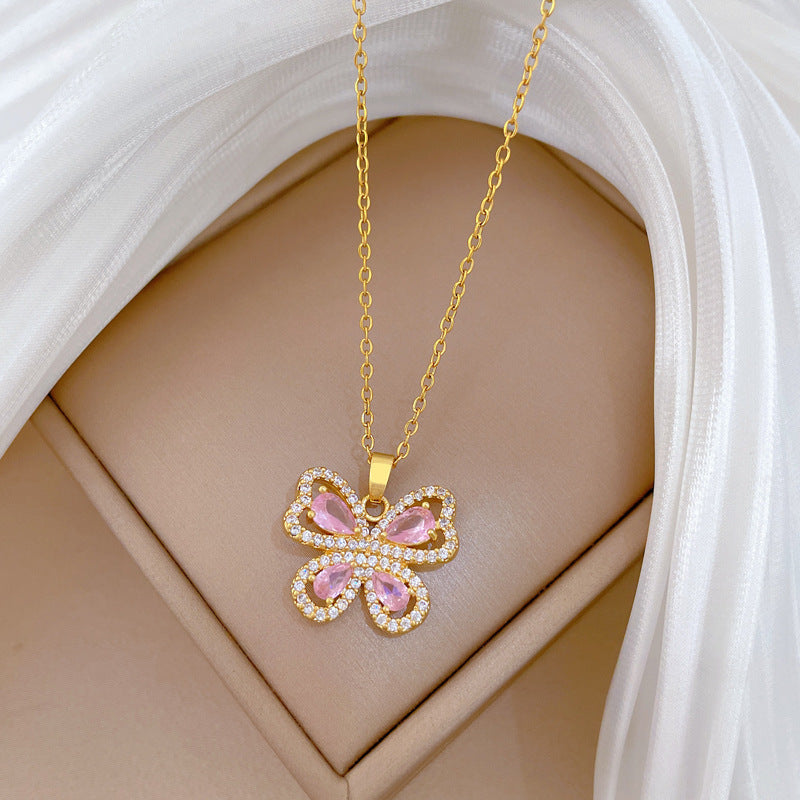 Sweet Minimalist Pink Butterfly Hollow Rhinestone Titanium Steel Necklace for Women