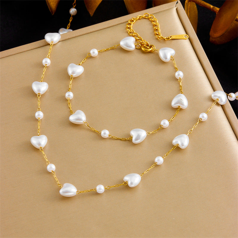 Vintage Elegant Heart Teardrop Pearl Plated Stainless Steel Necklace Bracelet Set for Women