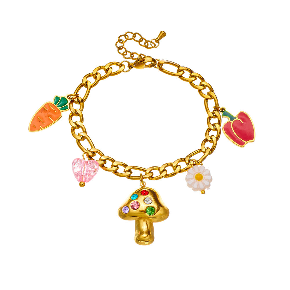 Fashionable Cute Enamel Bell Pepper Carrot Mushroom Flower Pendant Stainless Steel Bracelet for Women
