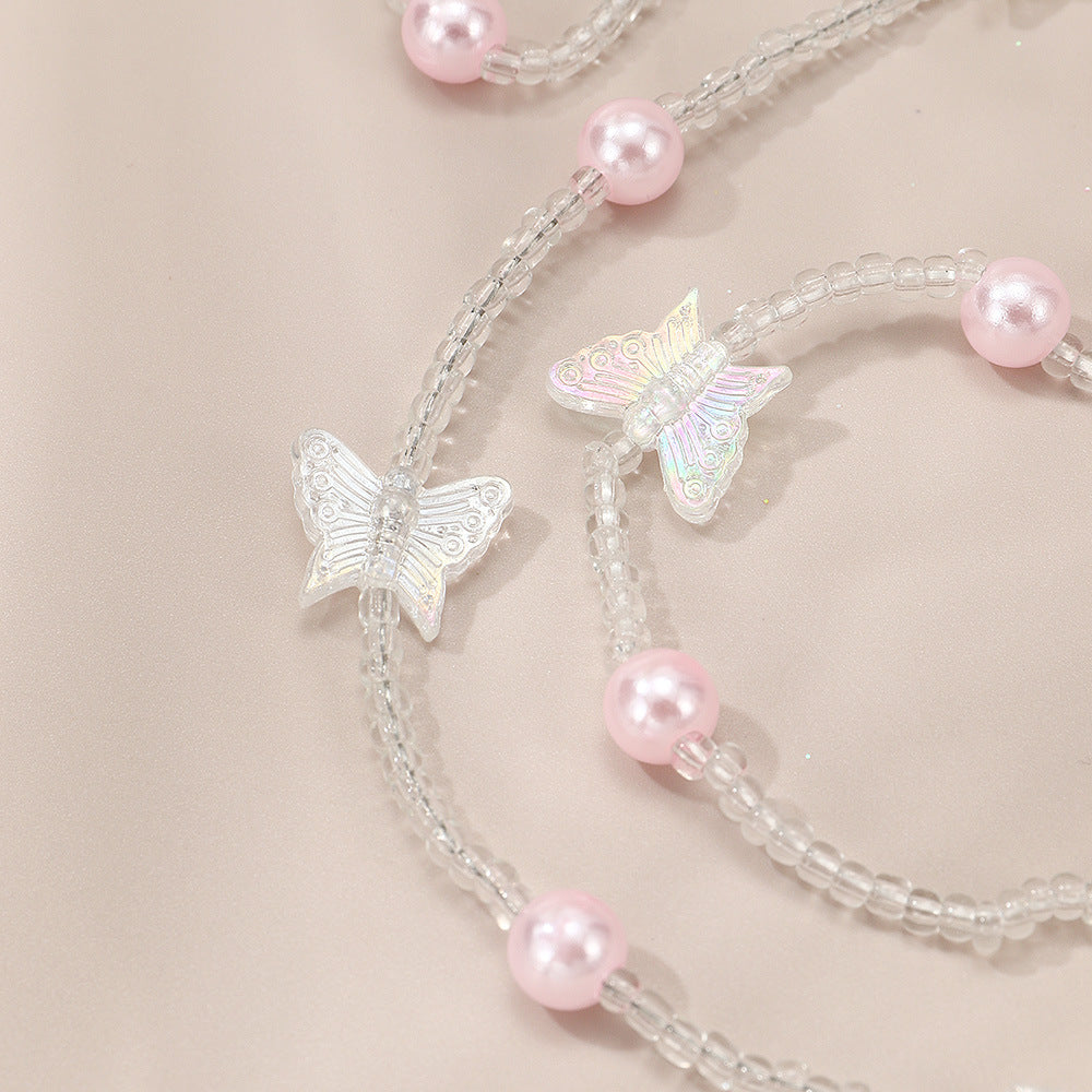 Precioso collar de resina con forma de mariposa para niñas con detalles de perlas, cadena de cuentas redondas, estilo princesa, para mayores de 6 años