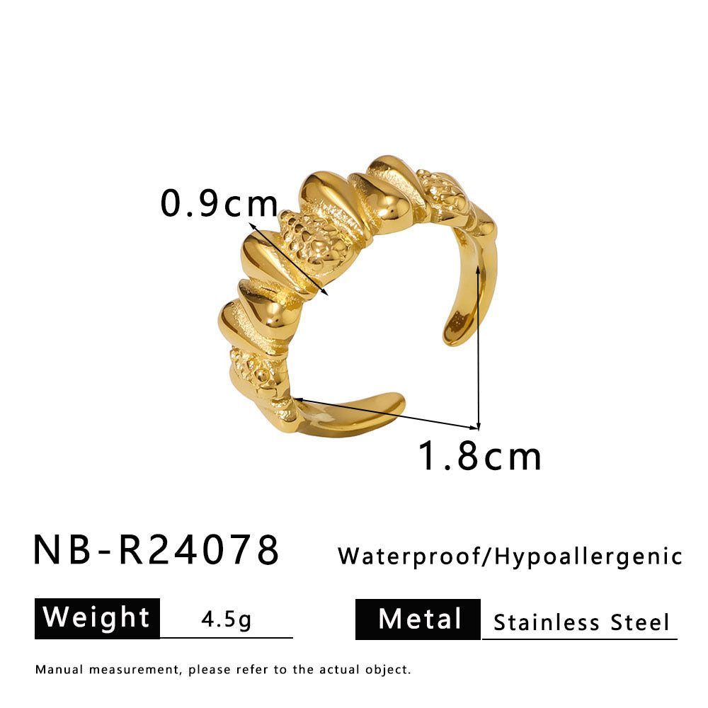 Geometric Wave Leaf Shaped Stainless Steel Plated Gold Ring with Textured Ruffled Asymmetrical Design for Women and Men
