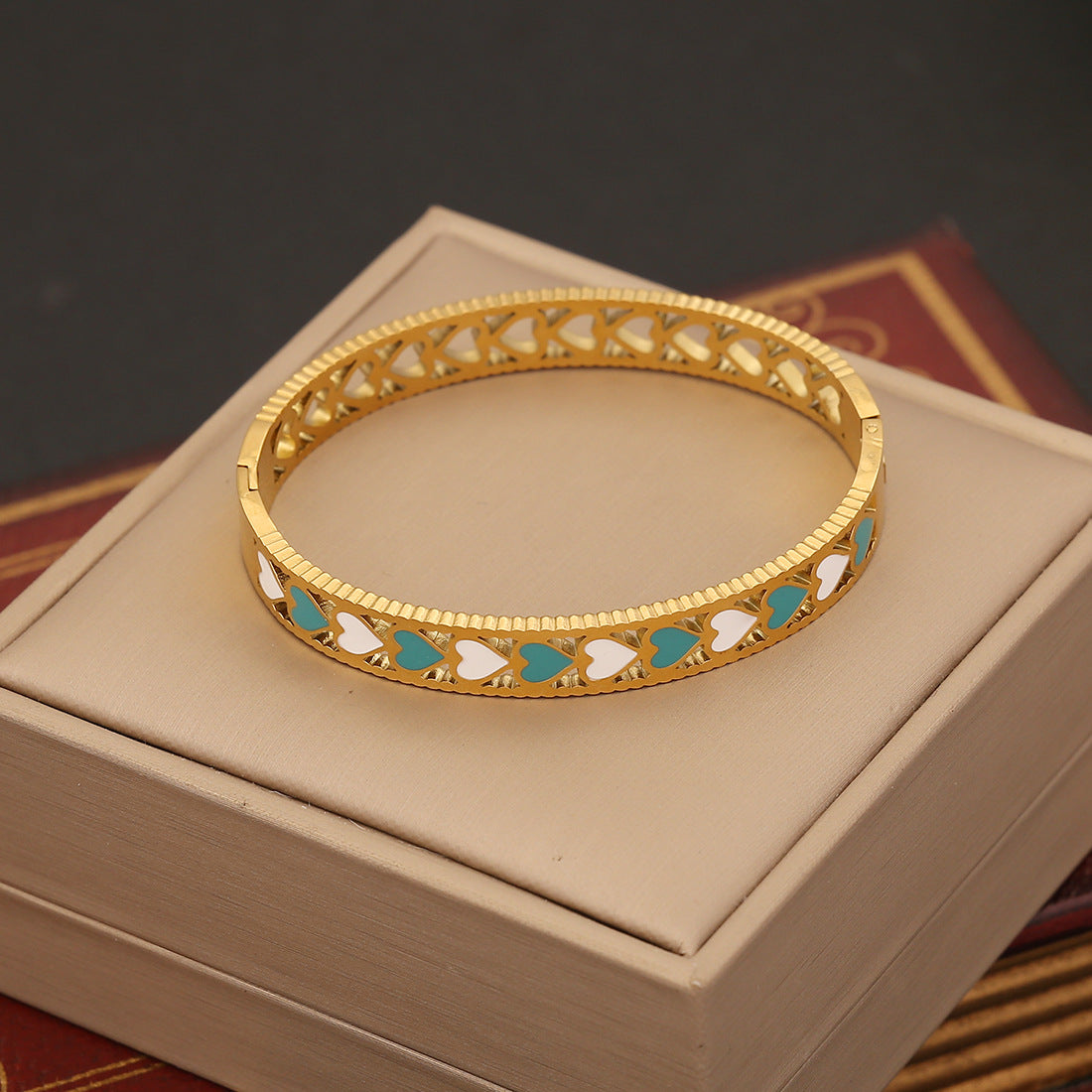 Vintage Enamel Heart and Butterfly Stainless Steel Bracelet with Floral and Palm Tree Pattern
