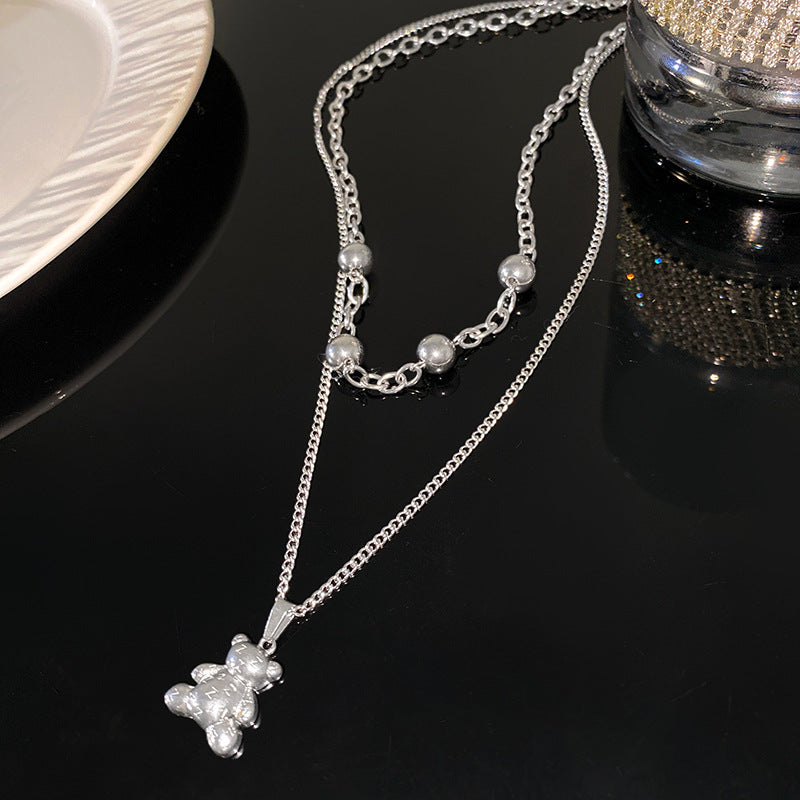 Hip-hop Titanium Steel Bear Pendant Ball Chain Necklace for Unisex