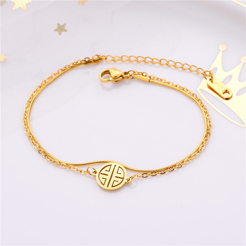 Vintage-Inspired Double-Layer Lucky Fu Character Bracelet for Women in Titanium Steel with Vacuum Plating and Geometric Circle Design