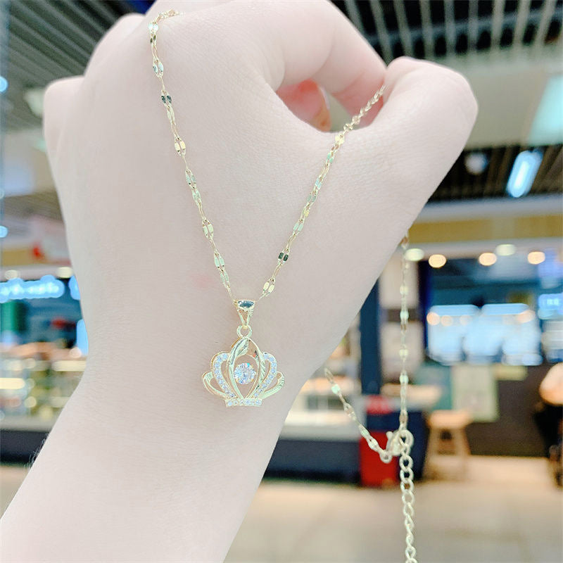 Minimalist Crown Pendant Necklace for Women in Titanium Steel with Gold Plating, Adjustable Clavicle Chain